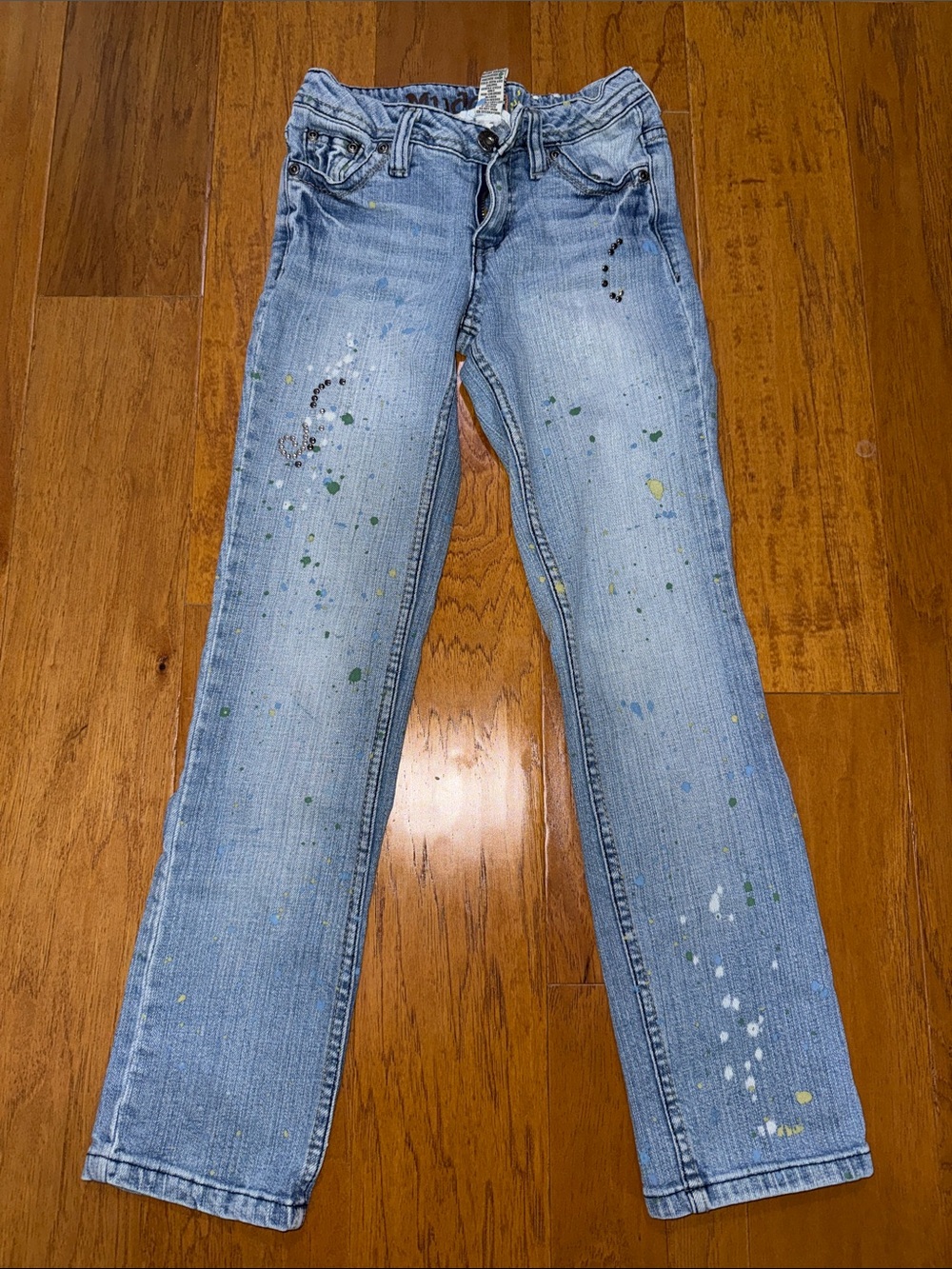 Mudd Light Blue Jeans with Multicolored Paint Splatter, girls 10